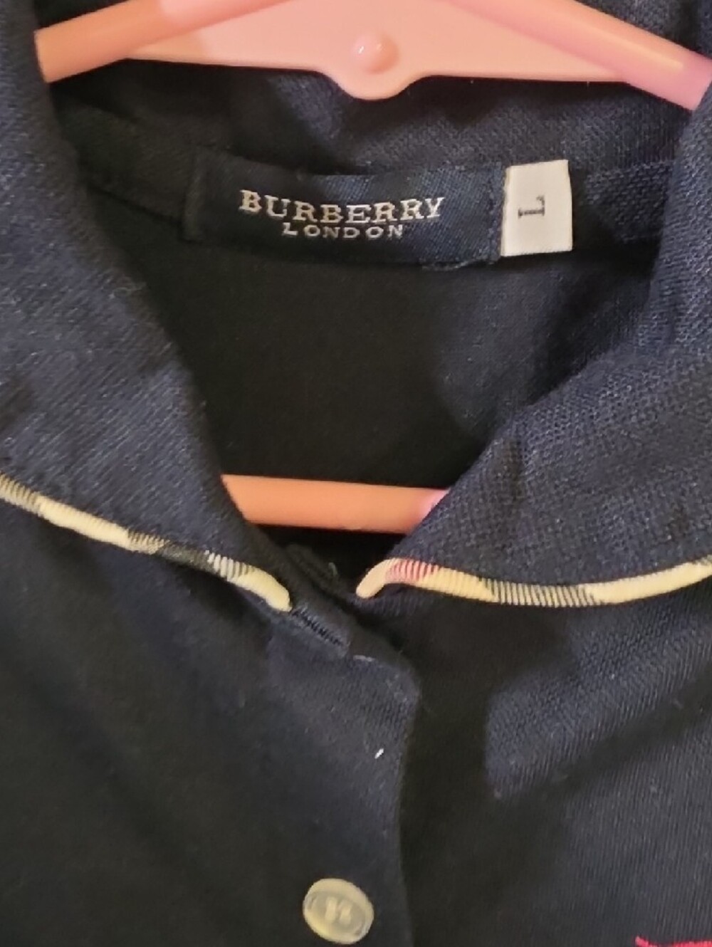 Kids Burberry Navy Plaid Trim Button-Front Dress with Red Logo - Picture 2 of 2
